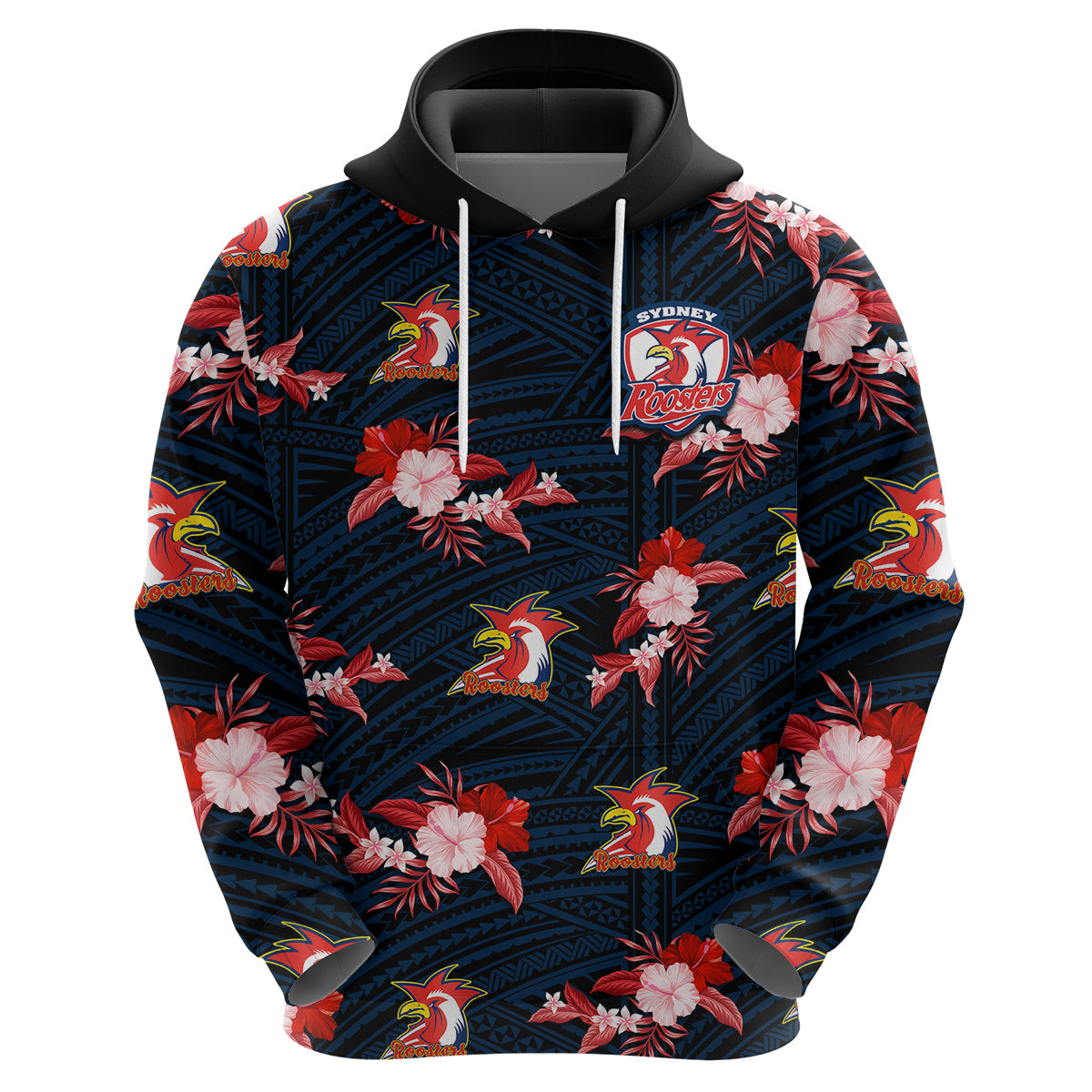 (Custom Text And Number) Roosters Rugby Hoodie Polynesian Tribal Mix Tropical Hawaiian Style - Vibe Hoodie Shop