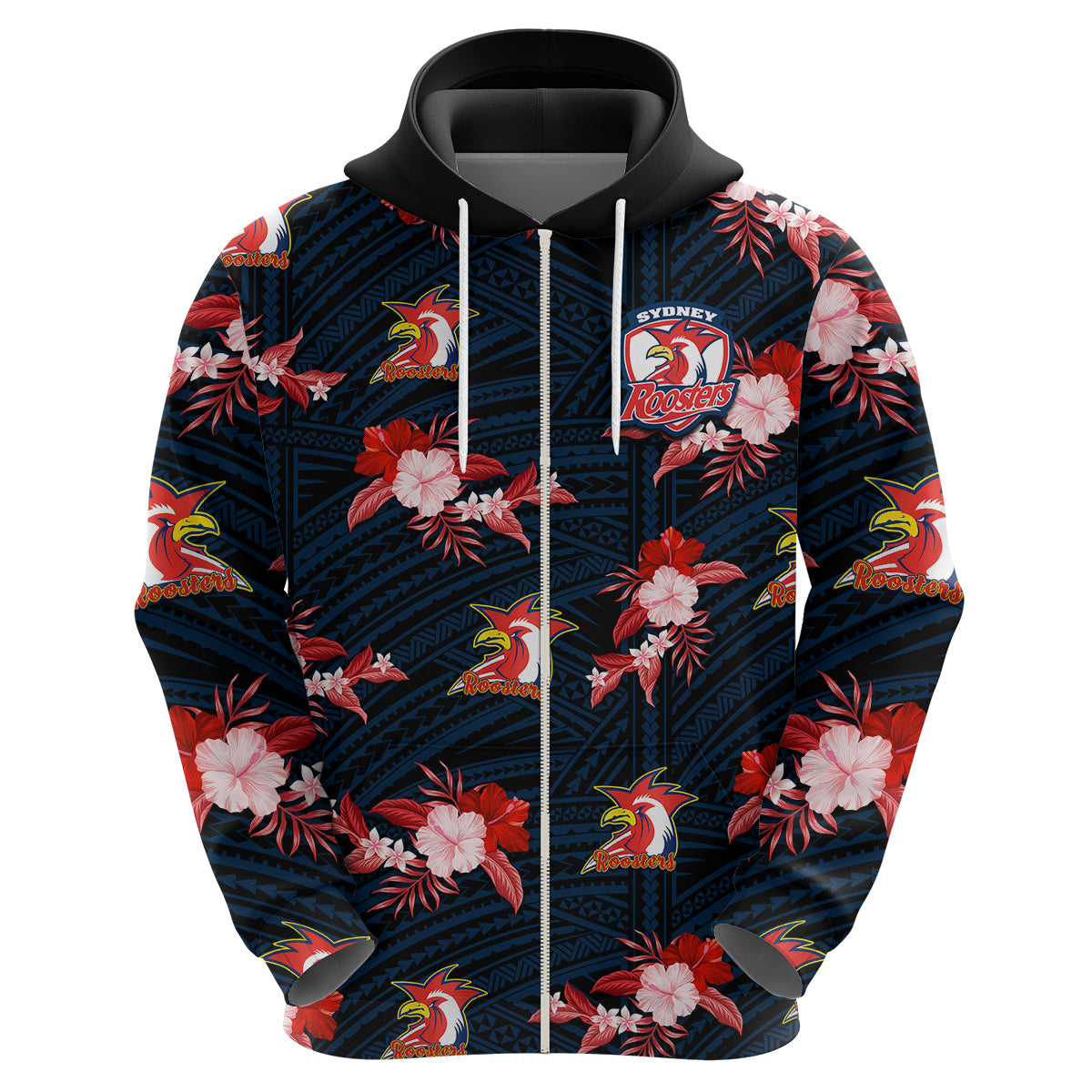 (Custom Text And Number) Roosters Rugby Hoodie Polynesian Tribal Mix Tropical Hawaiian Style - Vibe Hoodie Shop