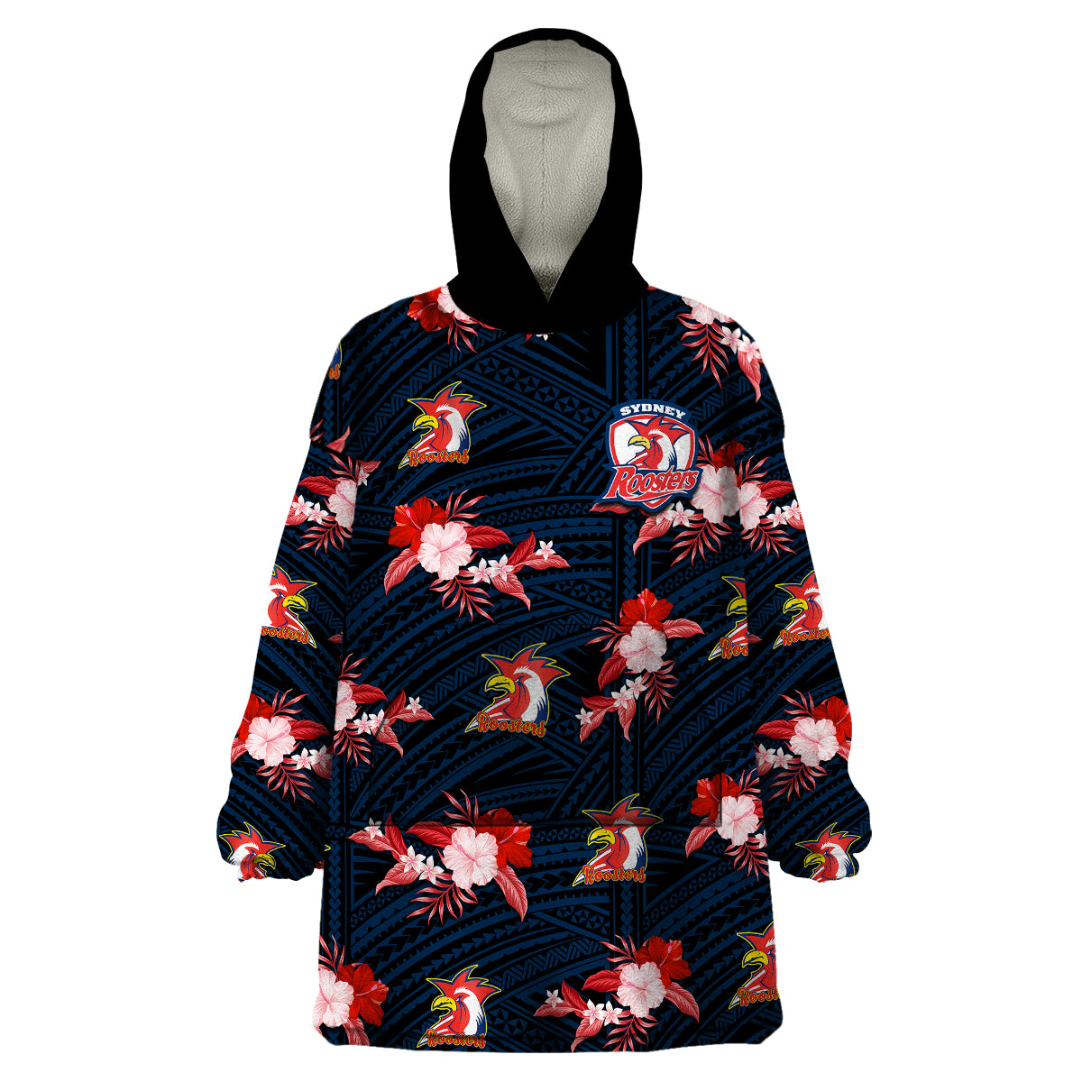 (Custom Text And Number) Roosters Rugby Wearable Blanket Hoodie Polynesian Tribal Mix Tropical Hawaiian Style - Vibe Hoodie Shop