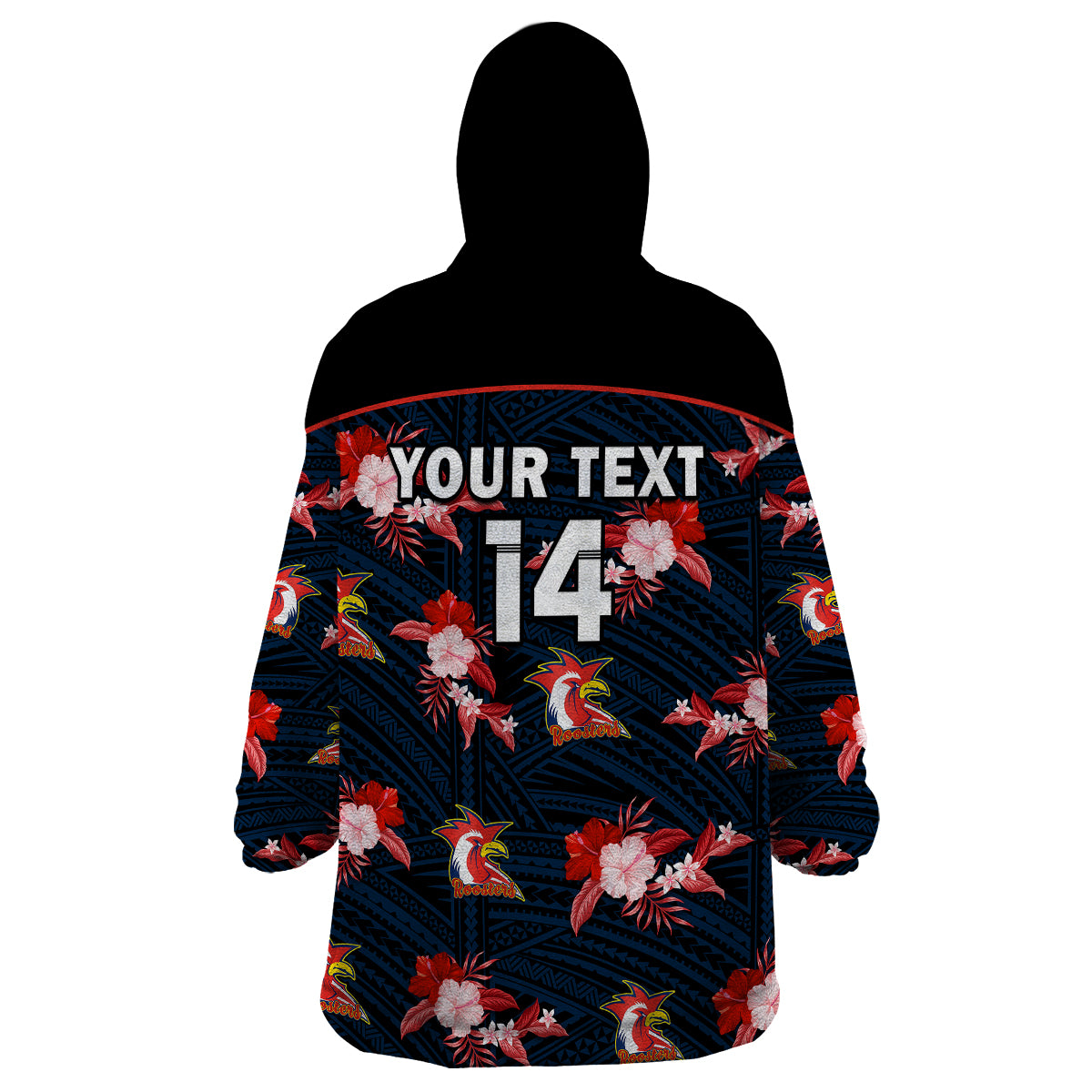 (Custom Text And Number) Roosters Rugby Wearable Blanket Hoodie Polynesian Tribal Mix Tropical Hawaiian Style - Vibe Hoodie Shop