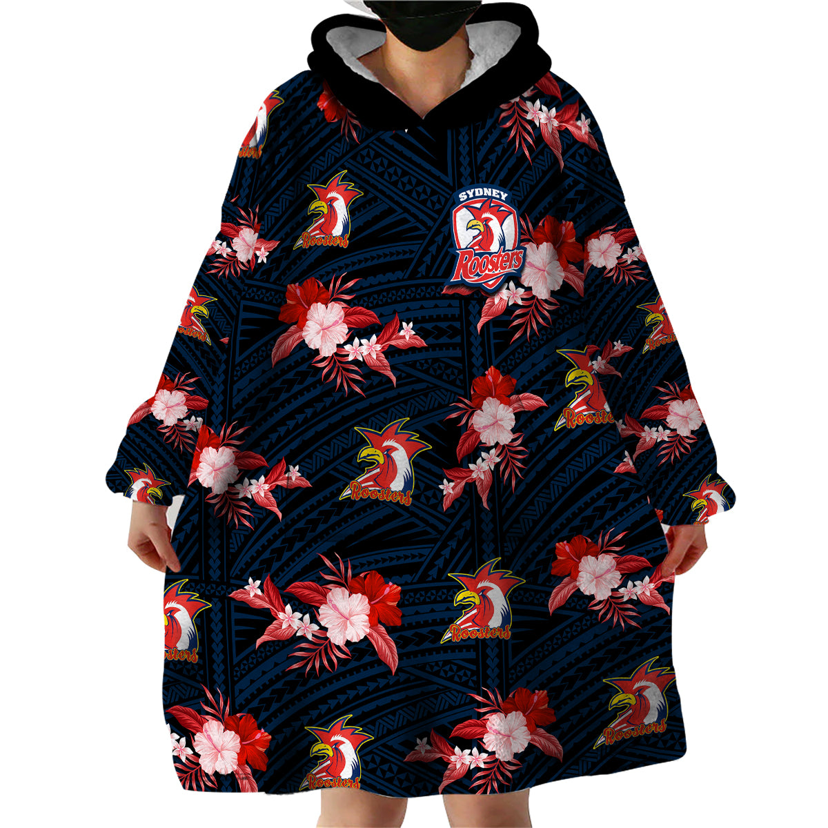 (Custom Text And Number) Roosters Rugby Wearable Blanket Hoodie Polynesian Tribal Mix Tropical Hawaiian Style - Vibe Hoodie Shop