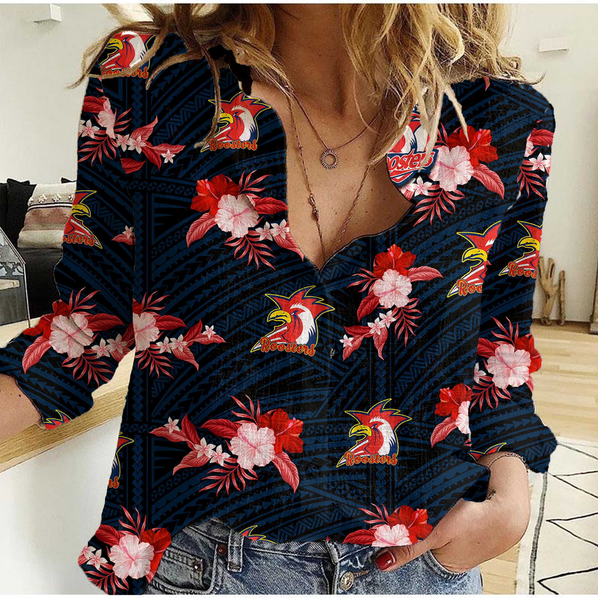 (Custom Text And Number) Roosters Rugby Women Casual Shirt Polynesian Tribal Mix Tropical Hawaiian Style - Vibe Hoodie Shop