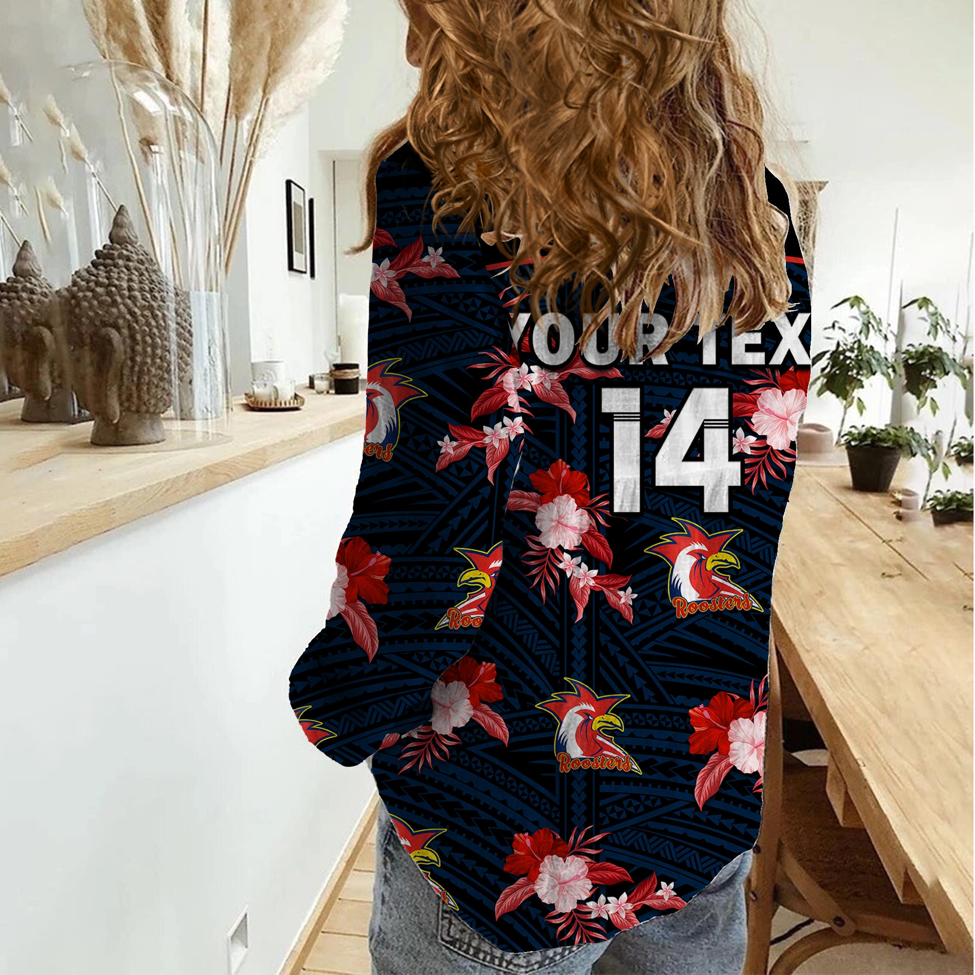 (Custom Text And Number) Roosters Rugby Women Casual Shirt Polynesian Tribal Mix Tropical Hawaiian Style - Vibe Hoodie Shop