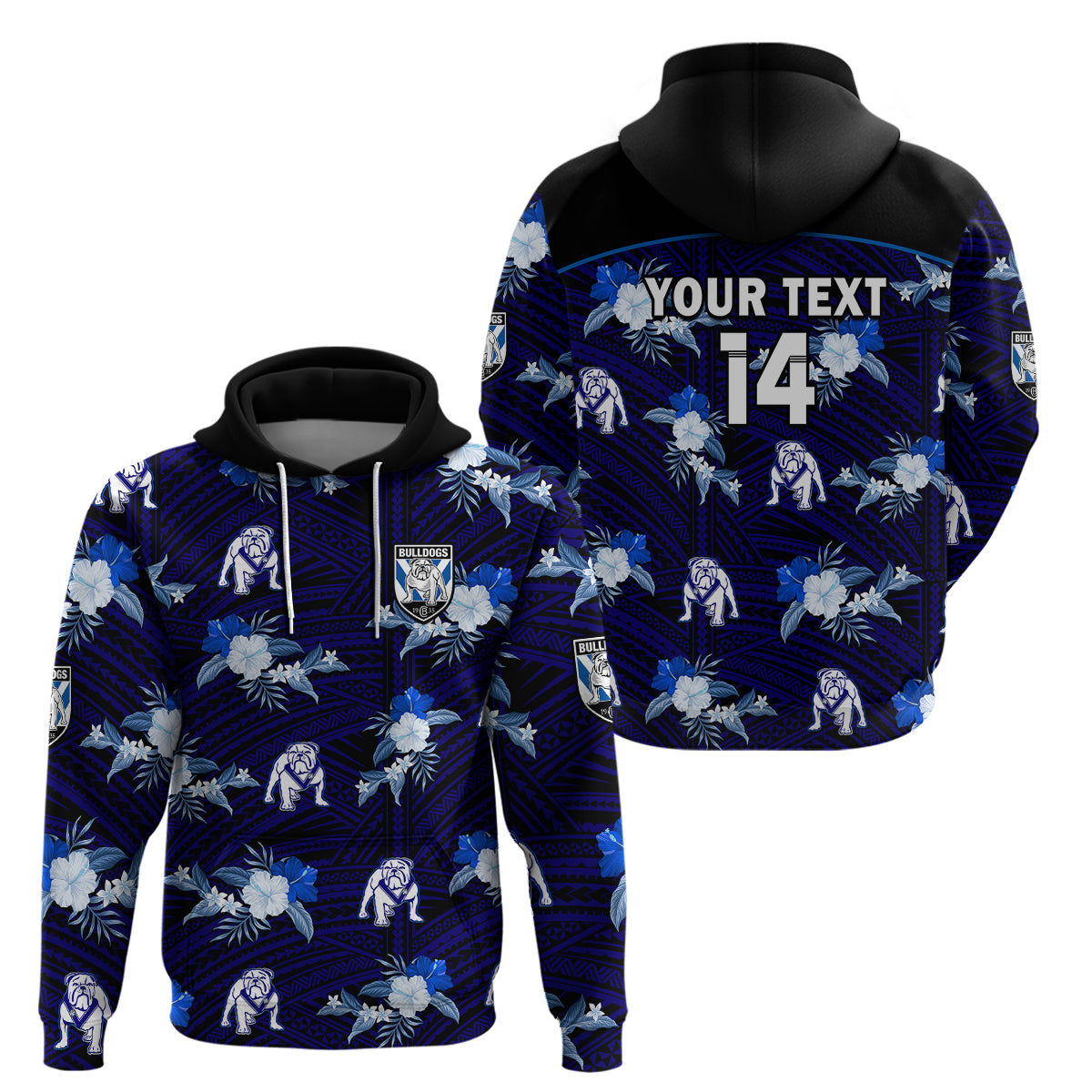 (Custom Text And Number) Bulldogs Rugby Hoodie Polynesian Tribal Mix Tropical Hawaiian Style - Vibe Hoodie Shop
