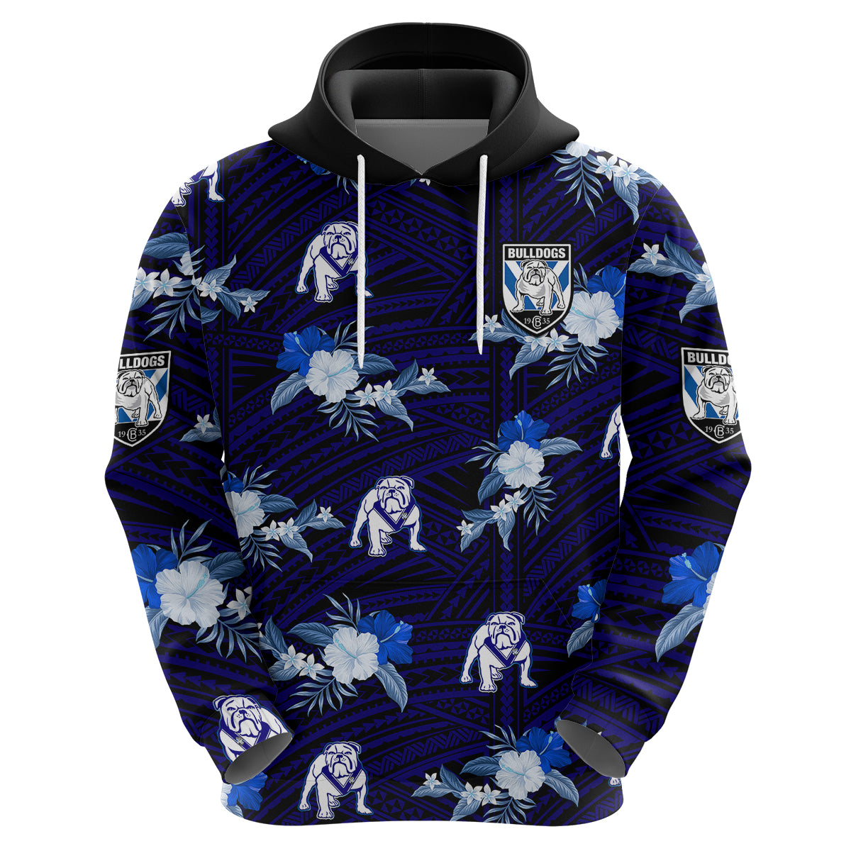 (Custom Text And Number) Bulldogs Rugby Hoodie Polynesian Tribal Mix Tropical Hawaiian Style - Vibe Hoodie Shop