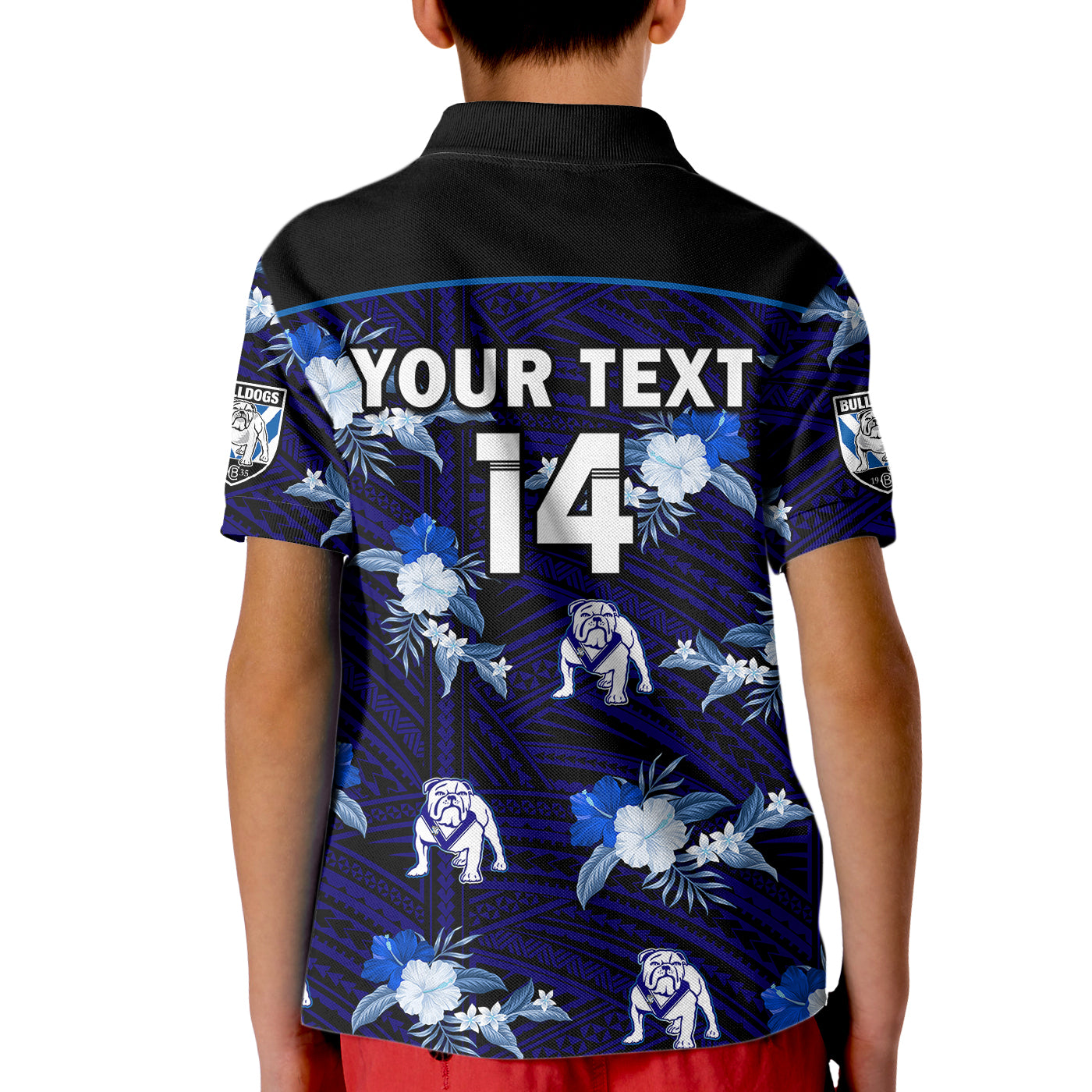 (Custom Text And Number) Bulldogs Rugby Kid Polo Shirt Polynesian Tribal Mix Tropical Hawaiian Style - Vibe Hoodie Shop