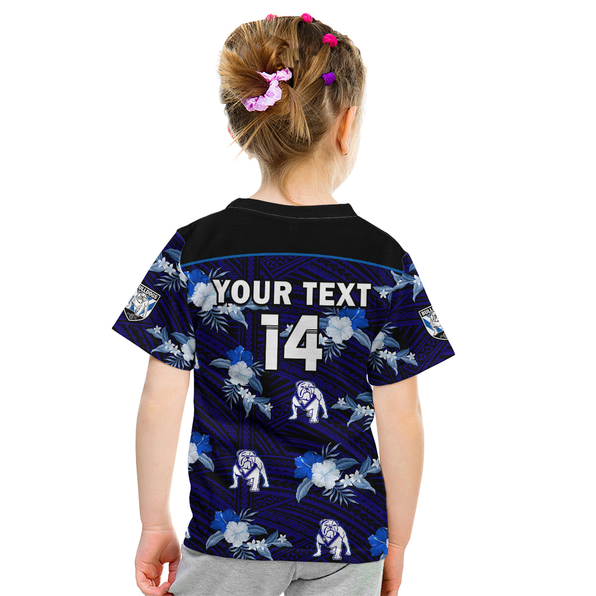 (Custom Text And Number) Bulldogs Rugby Kid T Shirt Polynesian Tribal Mix Tropical Hawaiian Style - Vibe Hoodie Shop