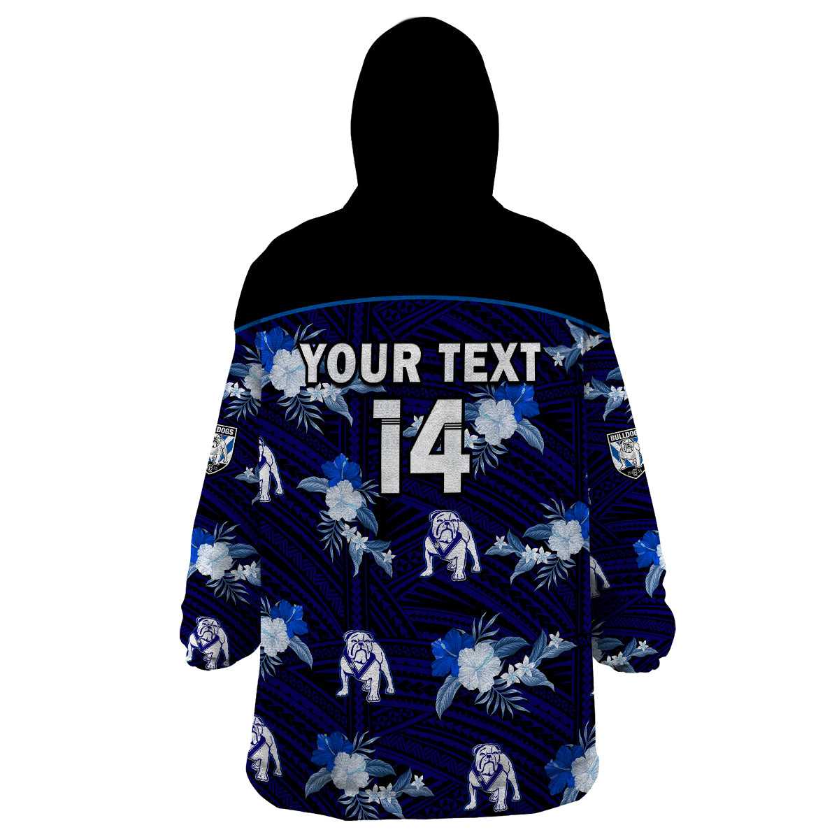 (Custom Text And Number) Bulldogs Rugby Wearable Blanket Hoodie Polynesian Tribal Mix Tropical Hawaiian Style - Vibe Hoodie Shop