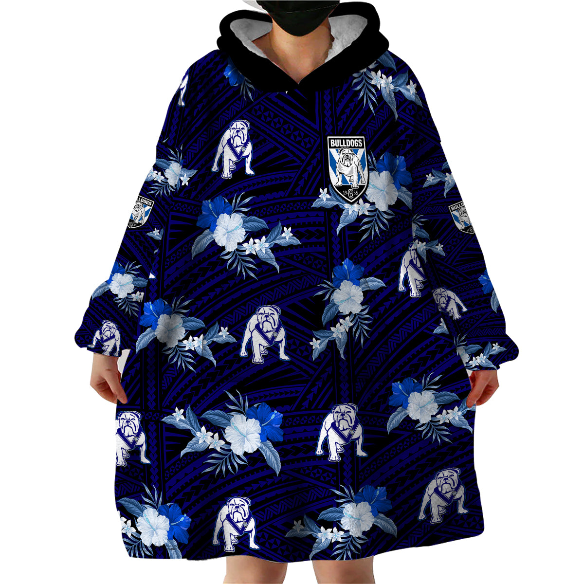 (Custom Text And Number) Bulldogs Rugby Wearable Blanket Hoodie Polynesian Tribal Mix Tropical Hawaiian Style - Vibe Hoodie Shop