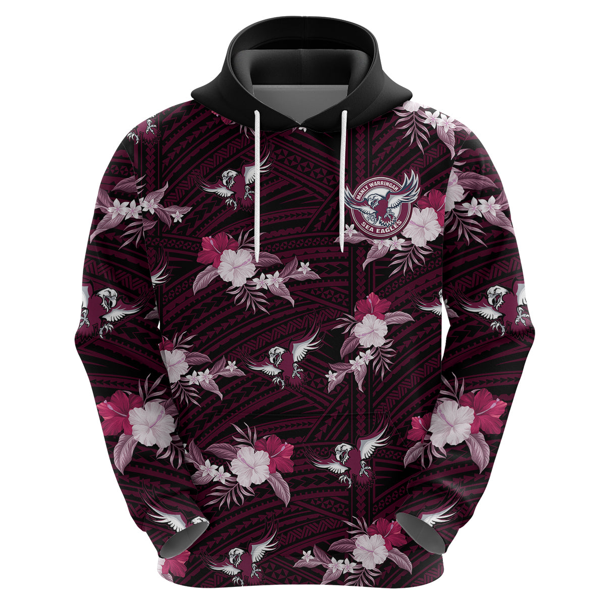 (Custom Text And Number) Sea Eagles Rugby Hoodie Polynesian Tribal Mix Tropical Hawaiian Style - Vibe Hoodie Shop