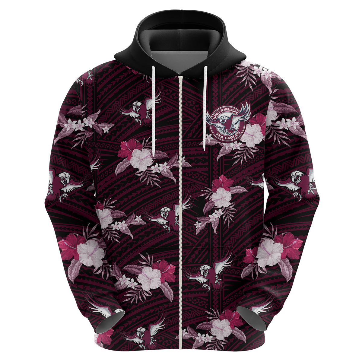 (Custom Text And Number) Sea Eagles Rugby Hoodie Polynesian Tribal Mix Tropical Hawaiian Style - Vibe Hoodie Shop