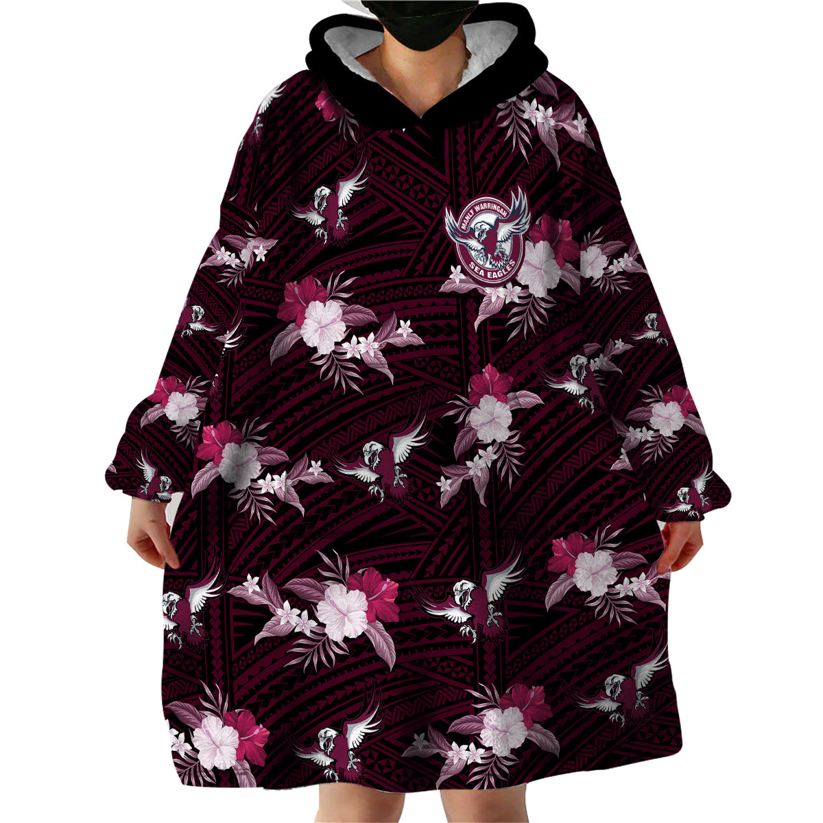 (Custom Text And Number) Sea Eagles Rugby Wearable Blanket Hoodie Polynesian Tribal Mix Tropical Hawaiian Style - Vibe Hoodie Shop