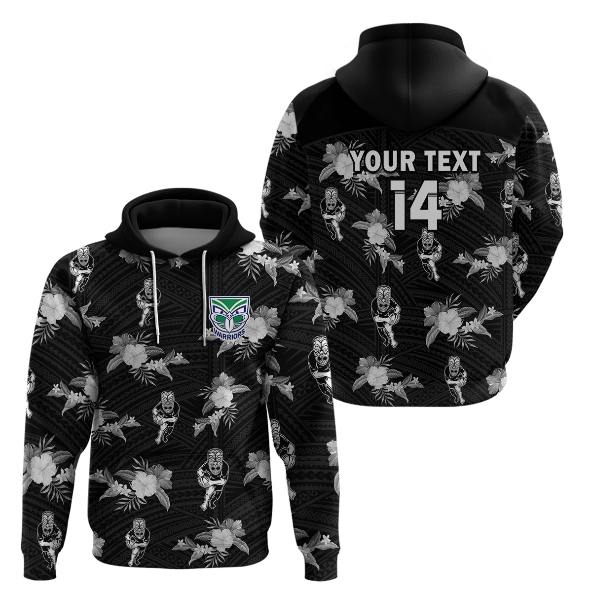 (Custom Text And Number) Warriors Rugby Hoodie NZ Polynesian Tribal Mix Tropical Hawaiian Style - Vibe Hoodie Shop