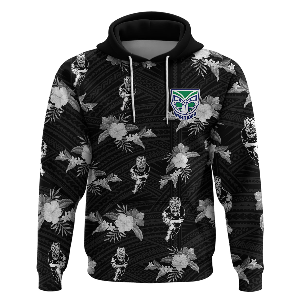 (Custom Text And Number) Warriors Rugby Hoodie NZ Polynesian Tribal Mix Tropical Hawaiian Style - Vibe Hoodie Shop