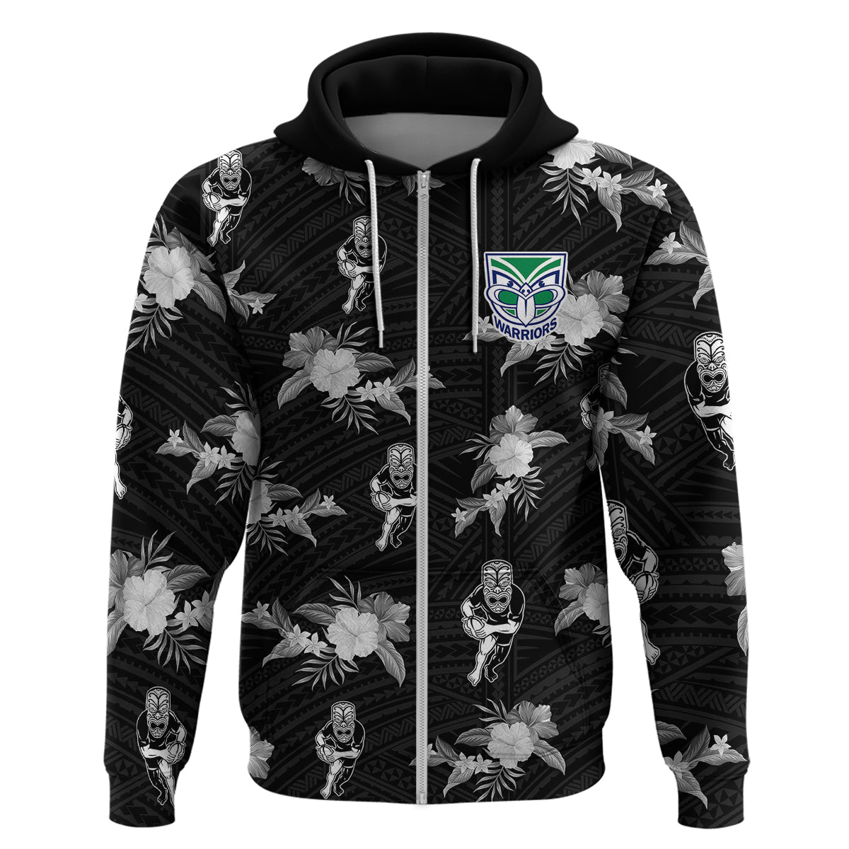 (Custom Text And Number) Warriors Rugby Hoodie NZ Polynesian Tribal Mix Tropical Hawaiian Style - Vibe Hoodie Shop