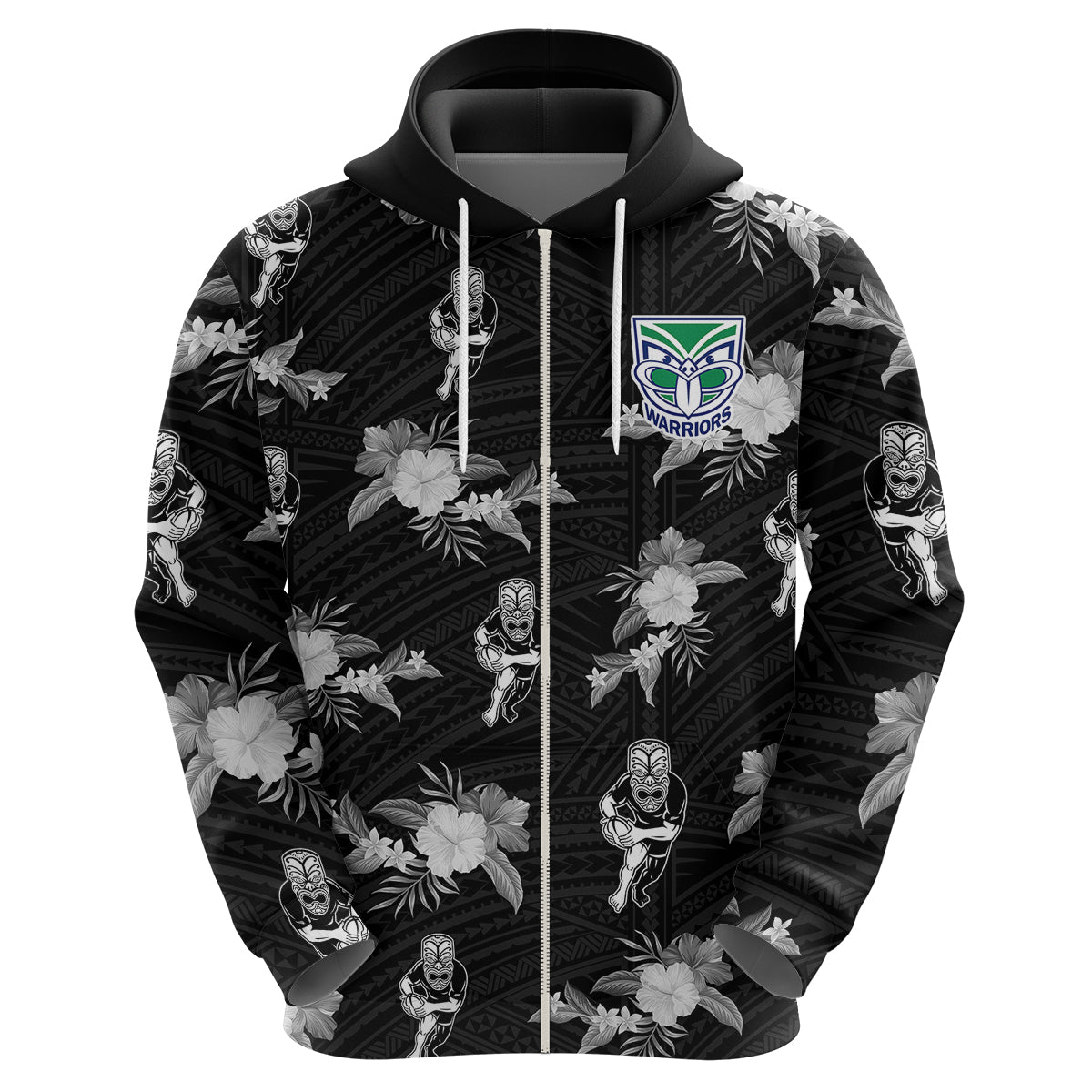 (Custom Text And Number) Warriors Rugby Hoodie NZ Polynesian Tribal Mix Tropical Hawaiian Style - Vibe Hoodie Shop