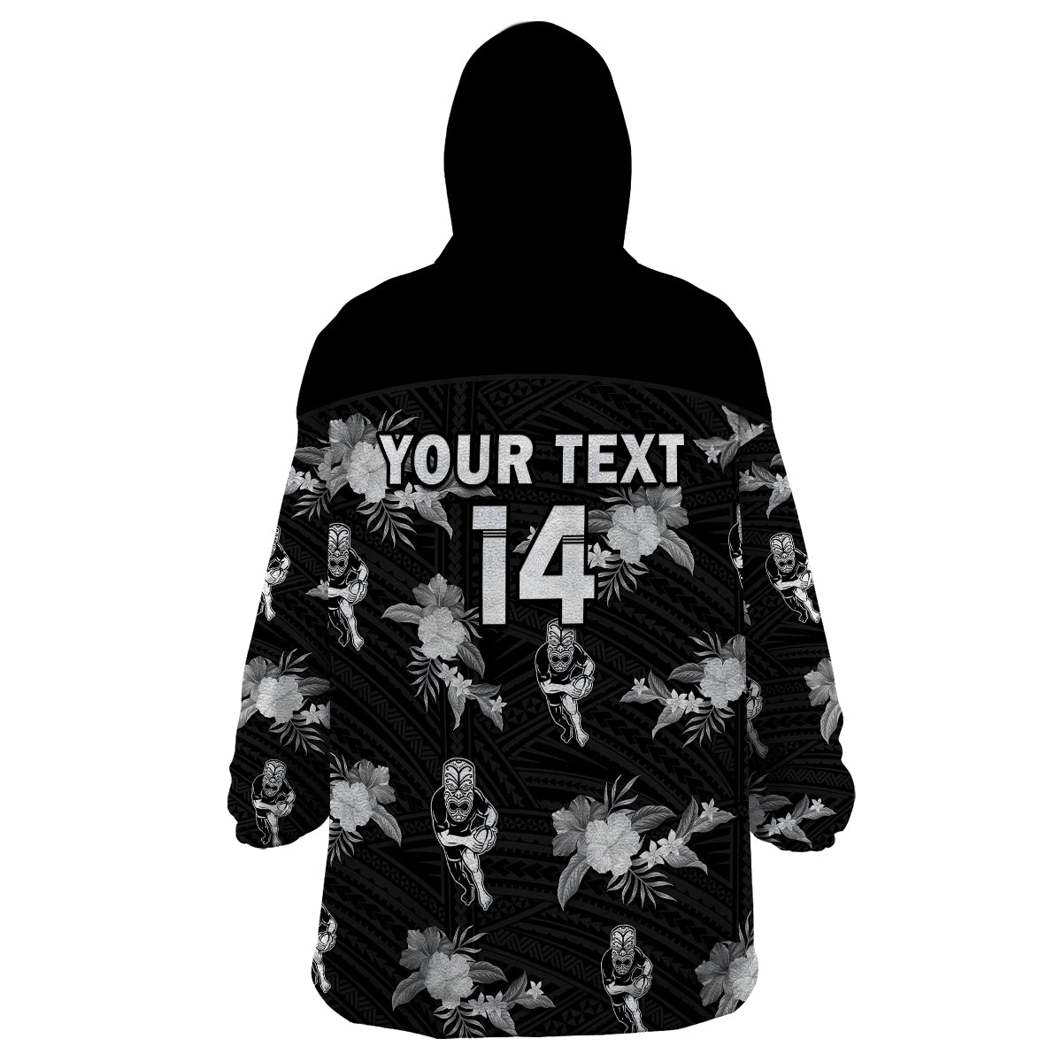 (Custom Text And Number) Warriors Rugby Wearable Blanket Hoodie NZ Polynesian Tribal Mix Tropical Hawaiian Style - Vibe Hoodie Shop