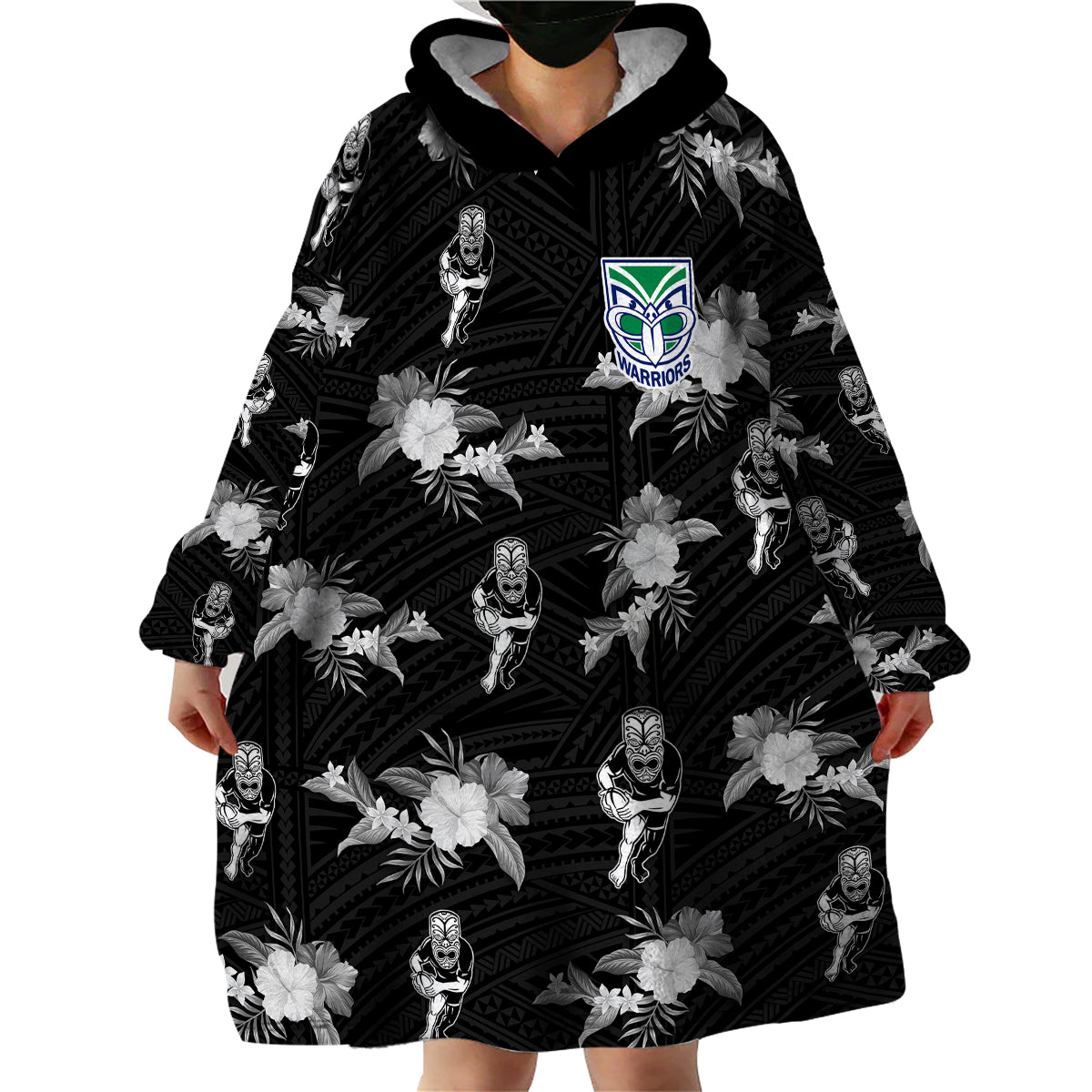 (Custom Text And Number) Warriors Rugby Wearable Blanket Hoodie NZ Polynesian Tribal Mix Tropical Hawaiian Style - Vibe Hoodie Shop