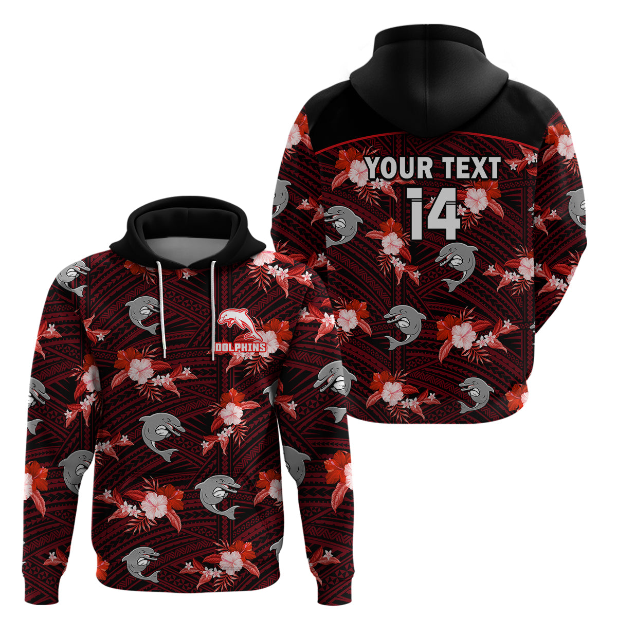 (Custom Text And Number) Dolphins Rugby Hoodie Polynesian Tribal Mix Tropical Hawaiian Style - Vibe Hoodie Shop