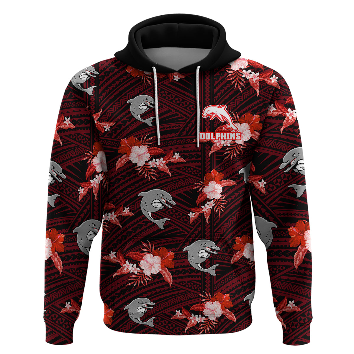 (Custom Text And Number) Dolphins Rugby Hoodie Polynesian Tribal Mix Tropical Hawaiian Style - Vibe Hoodie Shop
