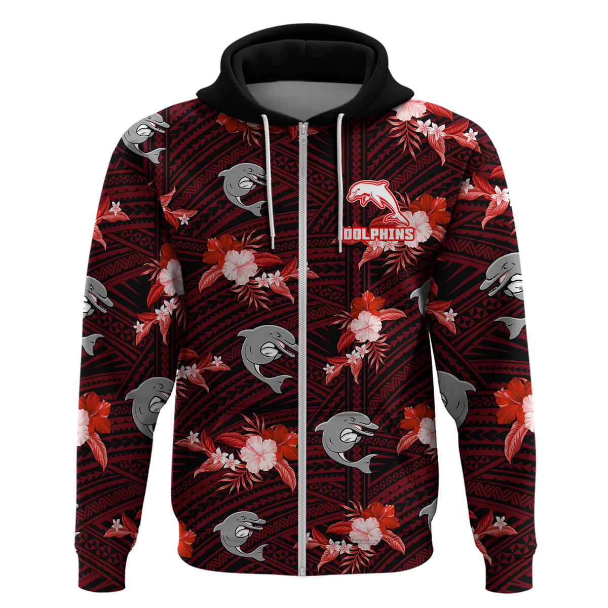 (Custom Text And Number) Dolphins Rugby Hoodie Polynesian Tribal Mix Tropical Hawaiian Style - Vibe Hoodie Shop