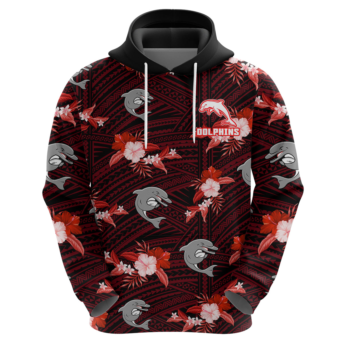 (Custom Text And Number) Dolphins Rugby Hoodie Polynesian Tribal Mix Tropical Hawaiian Style - Vibe Hoodie Shop