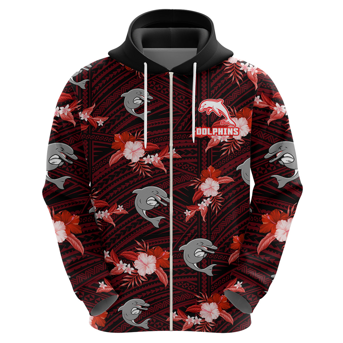 (Custom Text And Number) Dolphins Rugby Hoodie Polynesian Tribal Mix Tropical Hawaiian Style - Vibe Hoodie Shop
