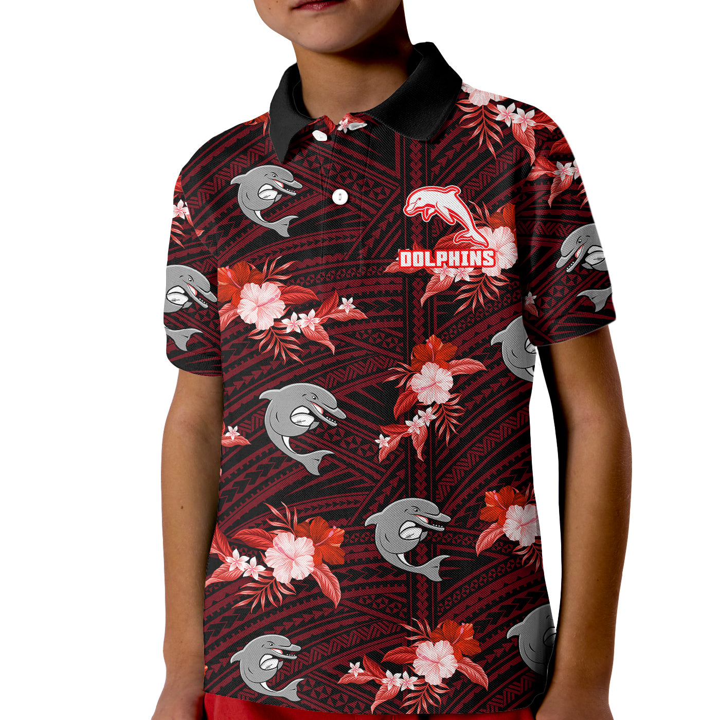 (Custom Text And Number) Dolphins Rugby Kid Polo Shirt Polynesian Tribal Mix Tropical Hawaiian Style - Vibe Hoodie Shop