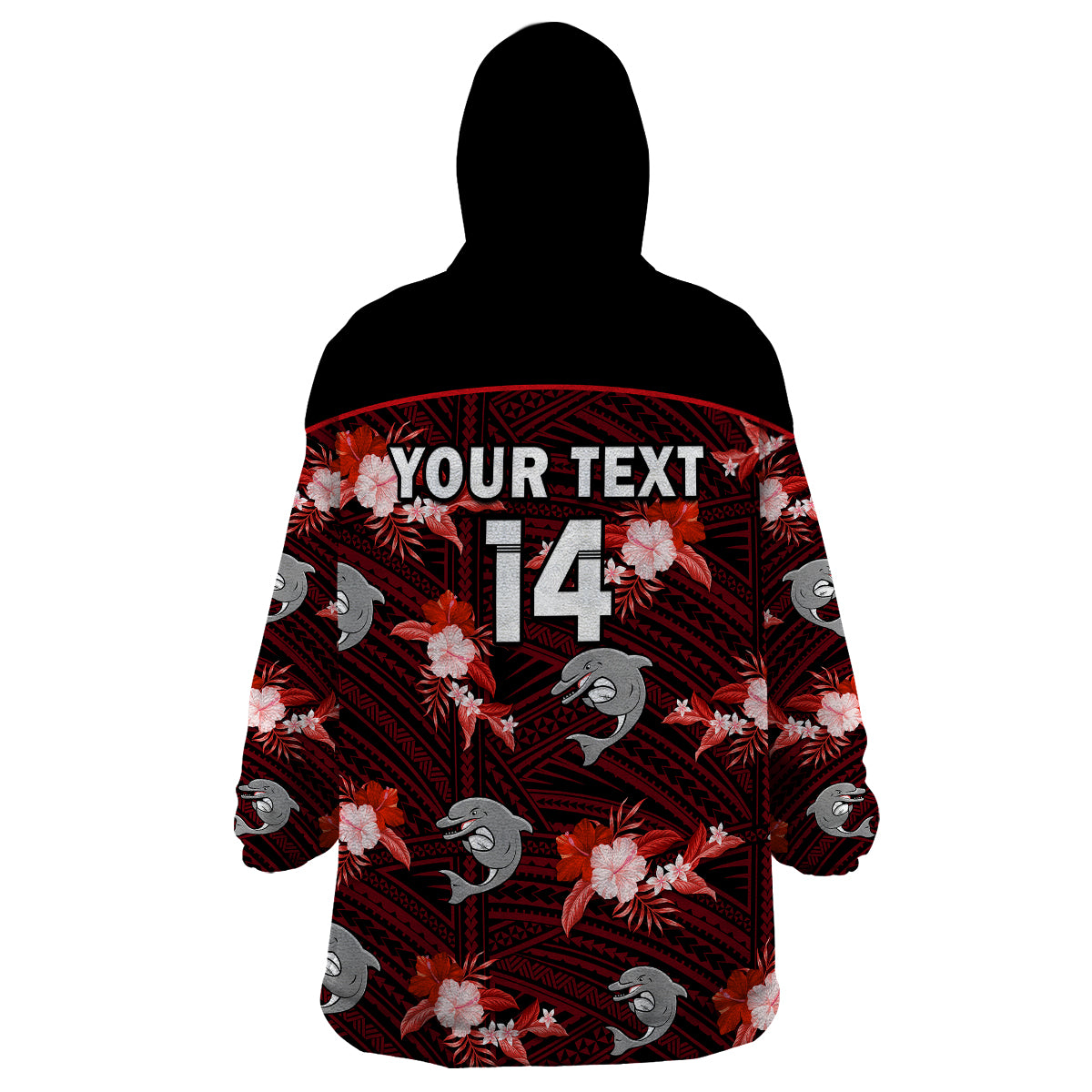 (Custom Text And Number) Dolphins Rugby Wearable Blanket Hoodie Polynesian Tribal Mix Tropical Hawaiian Style - Vibe Hoodie Shop