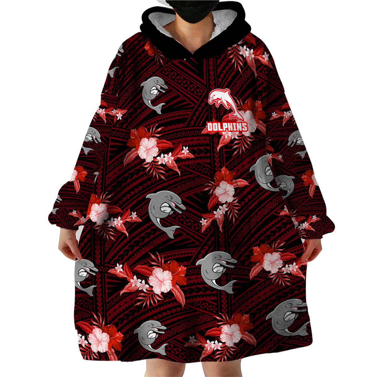 (Custom Text And Number) Dolphins Rugby Wearable Blanket Hoodie Polynesian Tribal Mix Tropical Hawaiian Style - Vibe Hoodie Shop