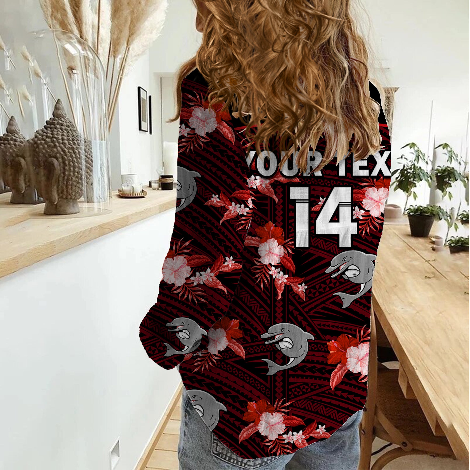 (Custom Text And Number) Dolphins Rugby Women Casual Shirt Polynesian Tribal Mix Tropical Hawaiian Style - Vibe Hoodie Shop