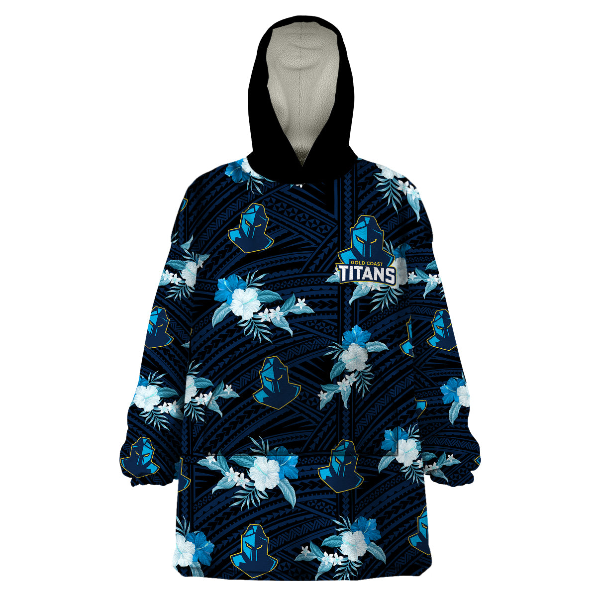 (Custom Text And Number) Titans Rugby Wearable Blanket Hoodie Polynesian Tribal Mix Tropical Hawaiian Style - Vibe Hoodie Shop