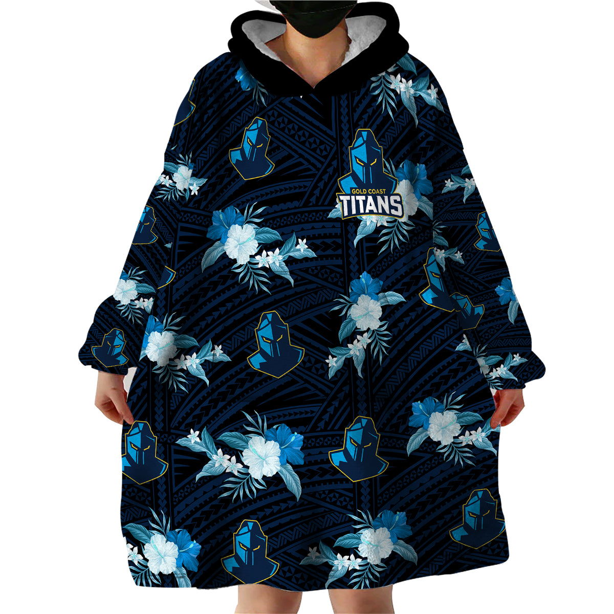 (Custom Text And Number) Titans Rugby Wearable Blanket Hoodie Polynesian Tribal Mix Tropical Hawaiian Style - Vibe Hoodie Shop