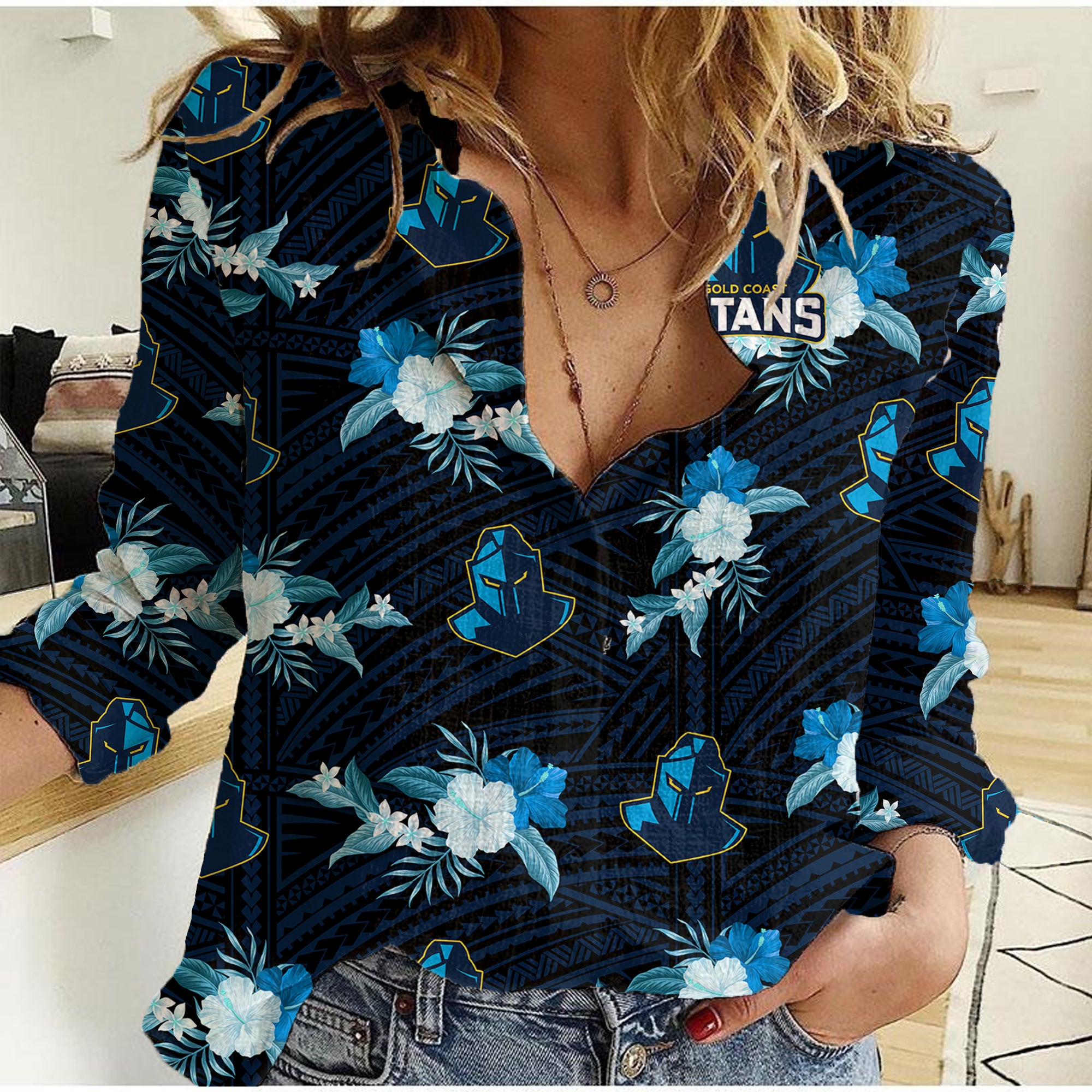 (Custom Text And Number) Titans Rugby Women Casual Shirt Polynesian Tribal Mix Tropical Hawaiian Style - Vibe Hoodie Shop