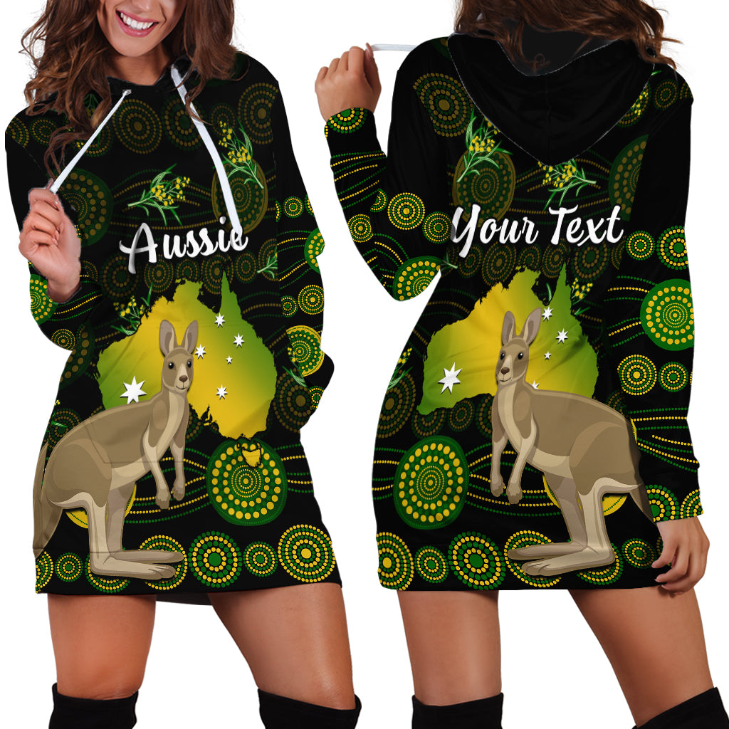 (Custom Personalised) Australia Hoodie Dress Golden Wattle Mix Kangaroo And Map - Vibe Hoodie Shop