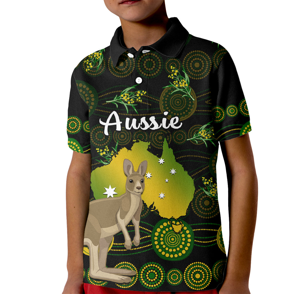 (Custom Personalised) Australia Kid Polo Shirt Golden Wattle Mix Kangaroo And Map - Vibe Hoodie Shop