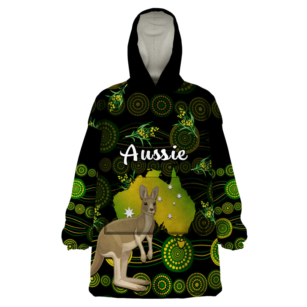(Custom Personalised) Australia Wearable Blanket Hoodie Golden Wattle Mix Kangaroo And Map - Vibe Hoodie Shop