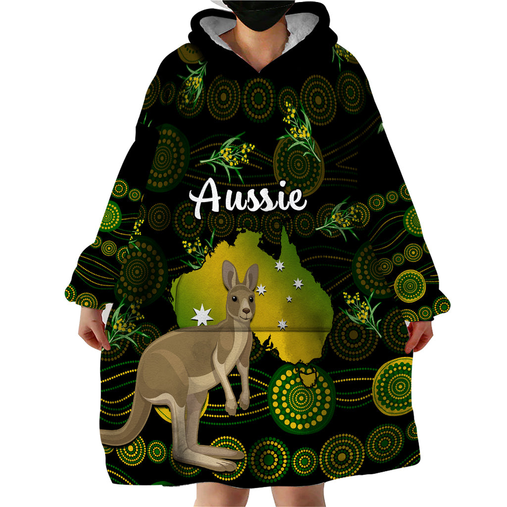 (Custom Personalised) Australia Wearable Blanket Hoodie Golden Wattle Mix Kangaroo And Map - Vibe Hoodie Shop