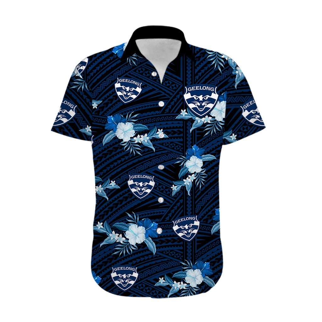 (Custom Text And Number) Geelong Cats Football Hawaiian Shirt Polynesian Tribal Mix Tropical Hawaiian Style - Vibe Hoodie Shop