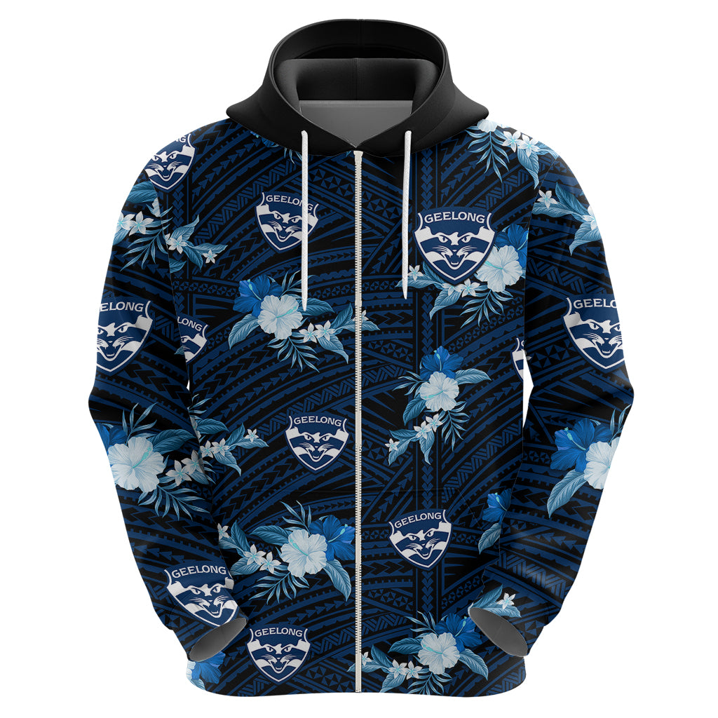(Custom Text And Number) Geelong Cats Football Hoodie Polynesian Tribal Mix Tropical Hawaiian Style - Vibe Hoodie Shop