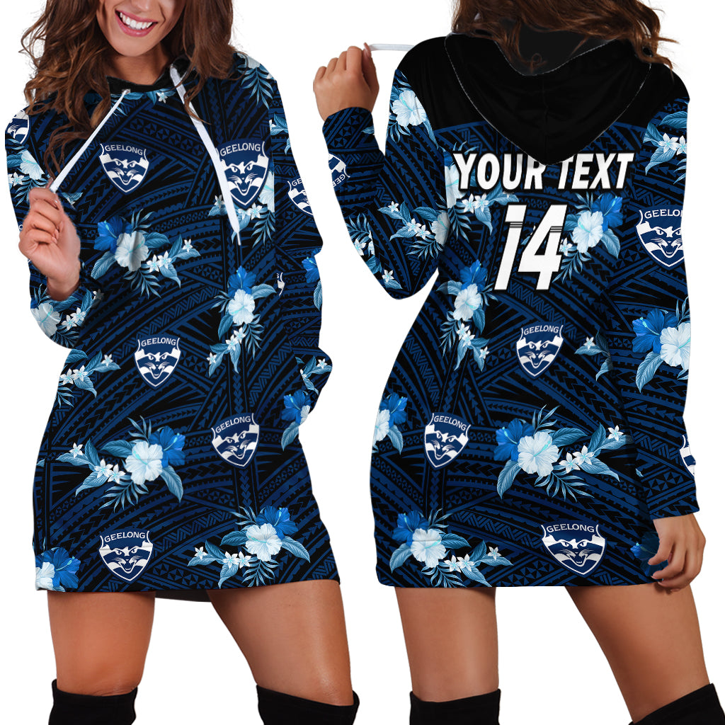 (Custom Text And Number) Geelong Cats Football Hoodie Dress Polynesian Tribal Mix Tropical Hawaiian Style - Vibe Hoodie Shop