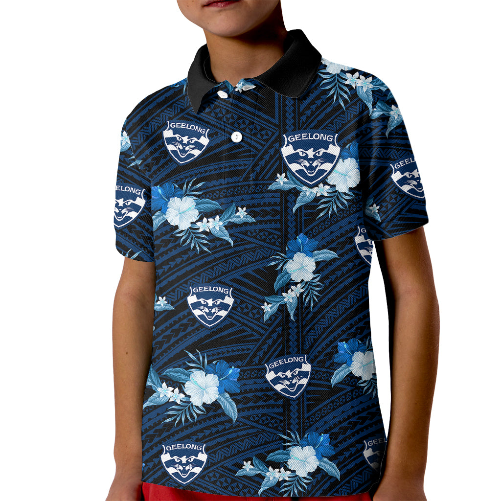 (Custom Text And Number) Geelong Cats Football Kid Polo Shirt Polynesian Tribal Mix Tropical Hawaiian Style - Vibe Hoodie Shop