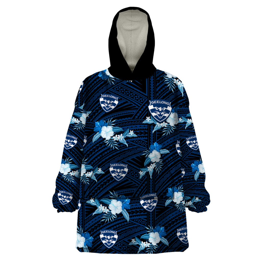 (Custom Text And Number) Geelong Cats Football Wearable Blanket Hoodie Polynesian Tribal Mix Tropical Hawaiian Style - Vibe Hoodie Shop