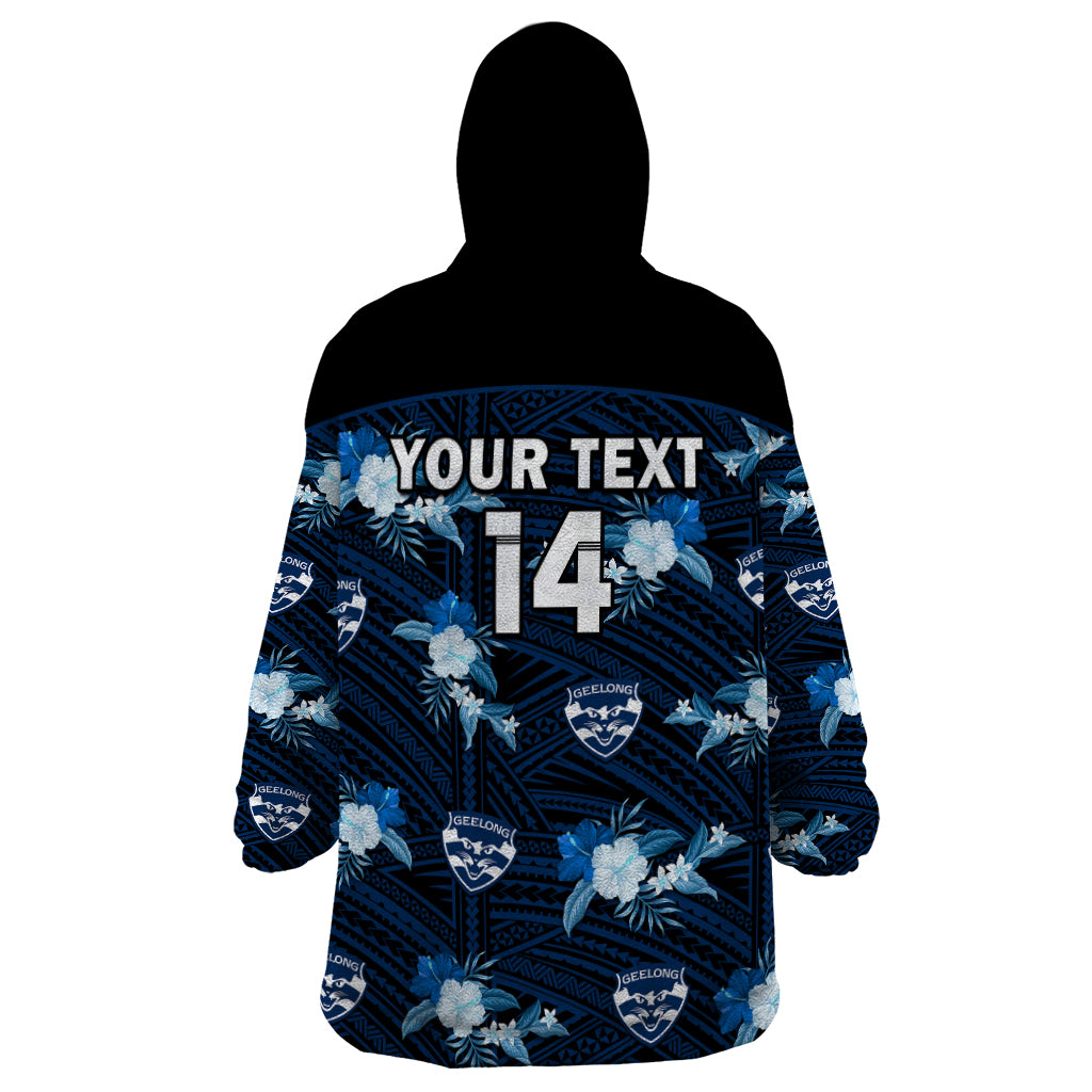 (Custom Text And Number) Geelong Cats Football Wearable Blanket Hoodie Polynesian Tribal Mix Tropical Hawaiian Style - Vibe Hoodie Shop