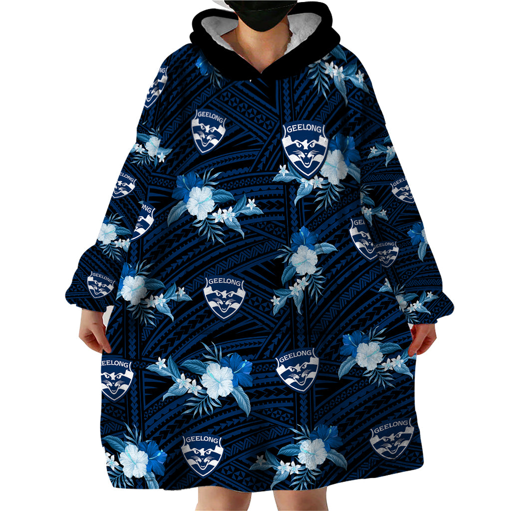 (Custom Text And Number) Geelong Cats Football Wearable Blanket Hoodie Polynesian Tribal Mix Tropical Hawaiian Style - Vibe Hoodie Shop