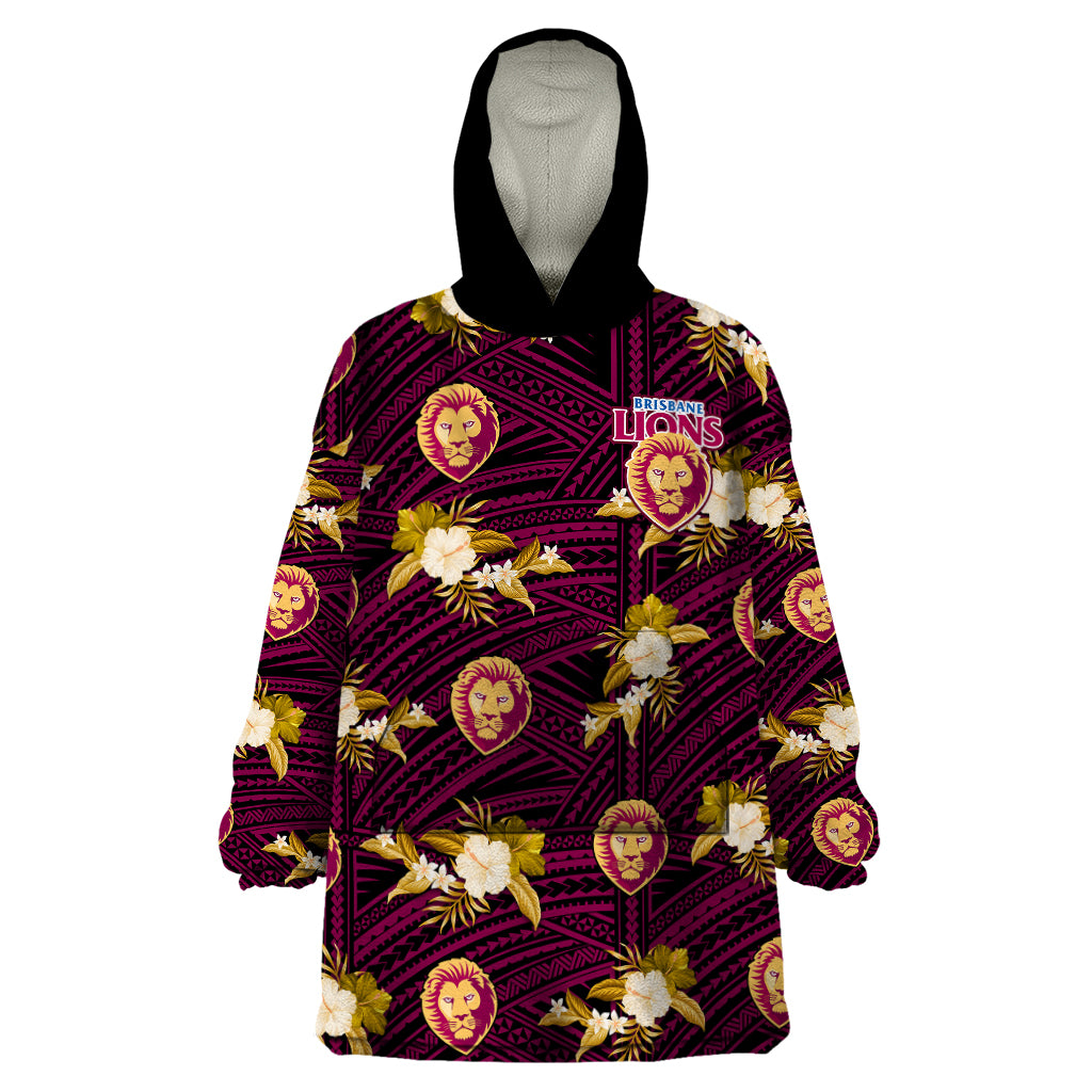 (Custom Text And Number) Brisbane Lions Football Wearable Blanket Hoodie Polynesian Tribal Mix Tropical Hawaiian Style - Vibe Hoodie Shop