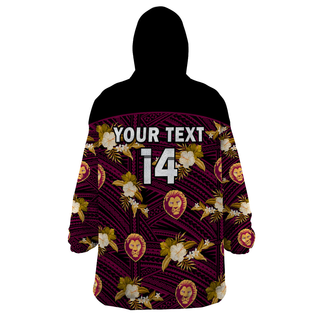 (Custom Text And Number) Brisbane Lions Football Wearable Blanket Hoodie Polynesian Tribal Mix Tropical Hawaiian Style - Vibe Hoodie Shop