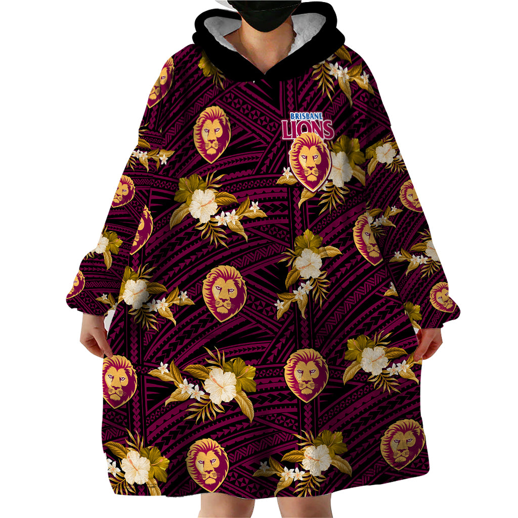 (Custom Text And Number) Brisbane Lions Football Wearable Blanket Hoodie Polynesian Tribal Mix Tropical Hawaiian Style - Vibe Hoodie Shop