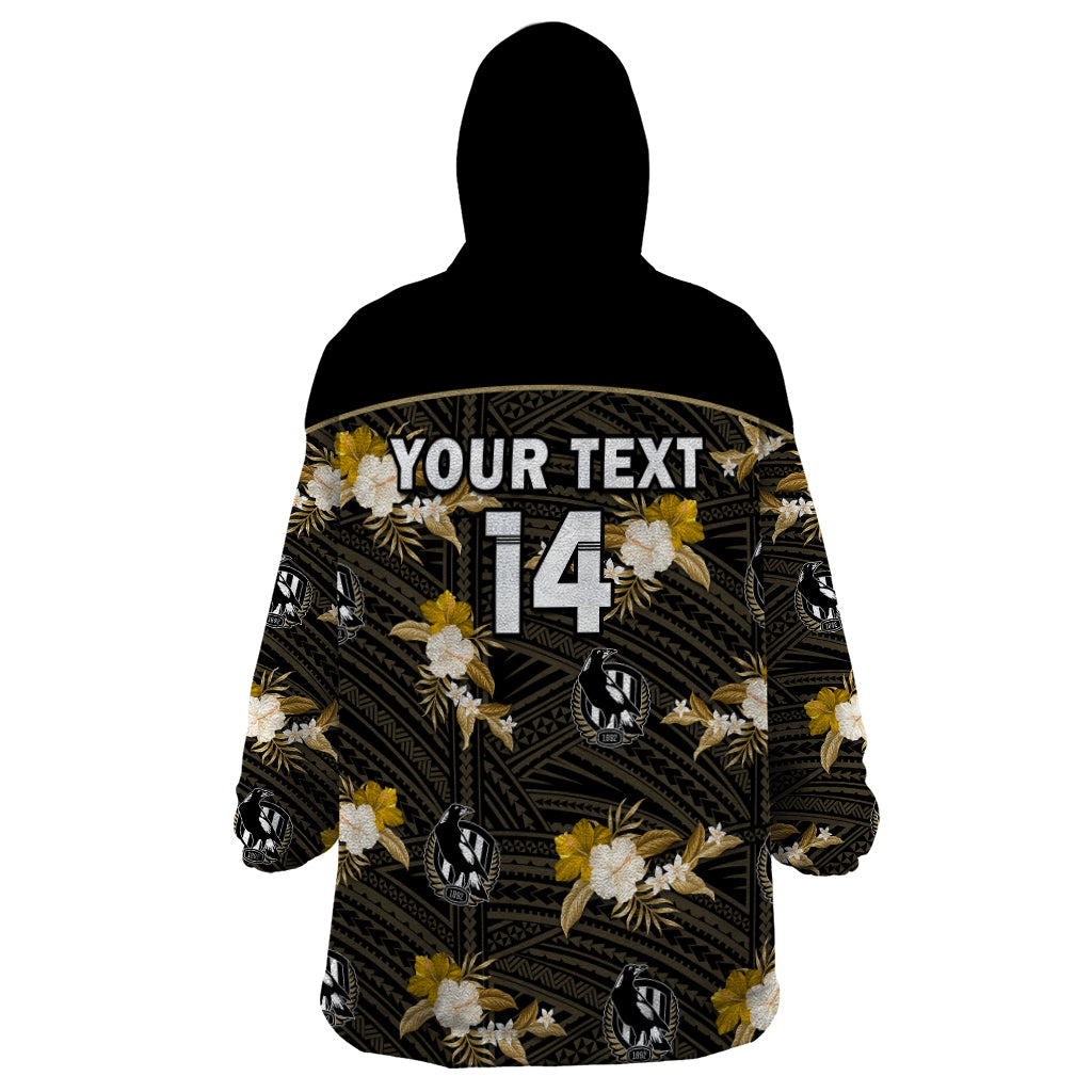 (Custom Text And Number) Collingwood Football Wearable Blanket Hoodie Polynesian Tribal Mix Tropical Hawaiian Style - Vibe Hoodie Shop