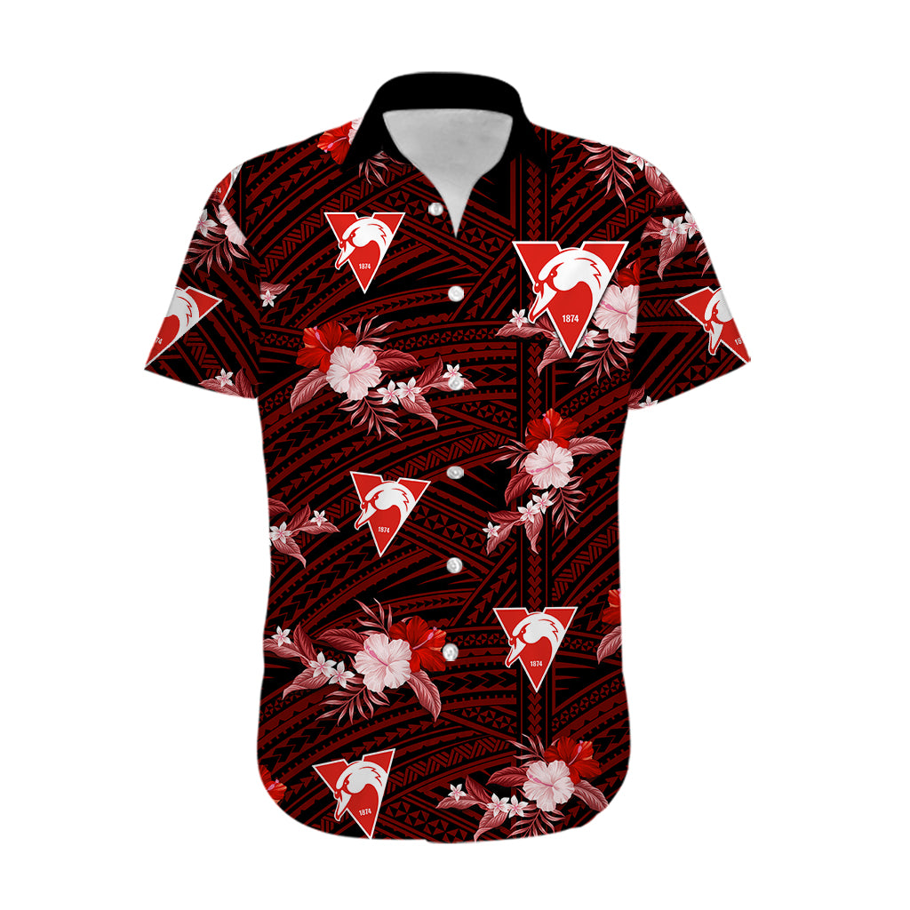 (Custom Text And Number) Sydney Swans Football Hawaiian Shirt Polynesian Tribal Mix Tropical Hawaiian Style - Vibe Hoodie Shop